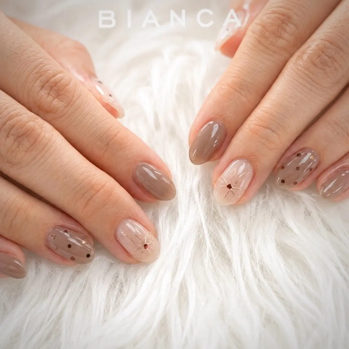 ネイル ブラウン ドット ジェルネイル パラジェル リボン ハンドネイル Bianca大宮店 上野のネイルデザイン