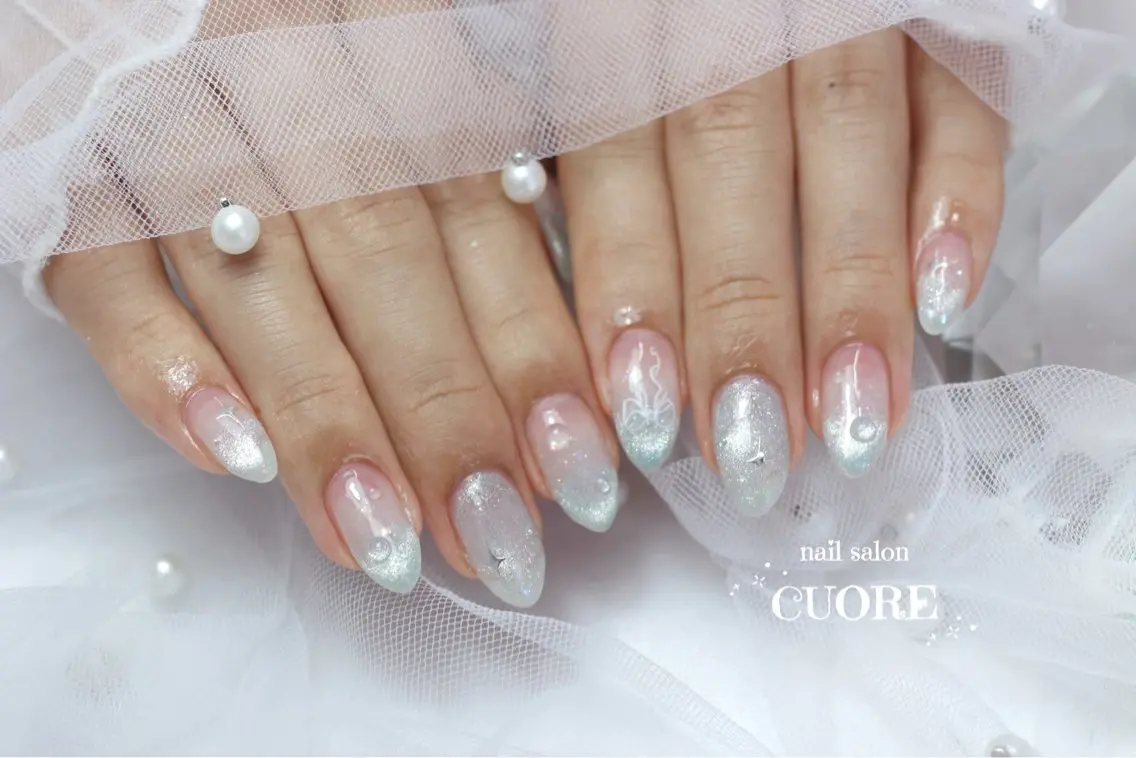 ネイル フレンチネイル マグネットネイル マグネットフレンチ リボン 夏ネイル ハンドネイル nail salon CUOREのネイルデザイン