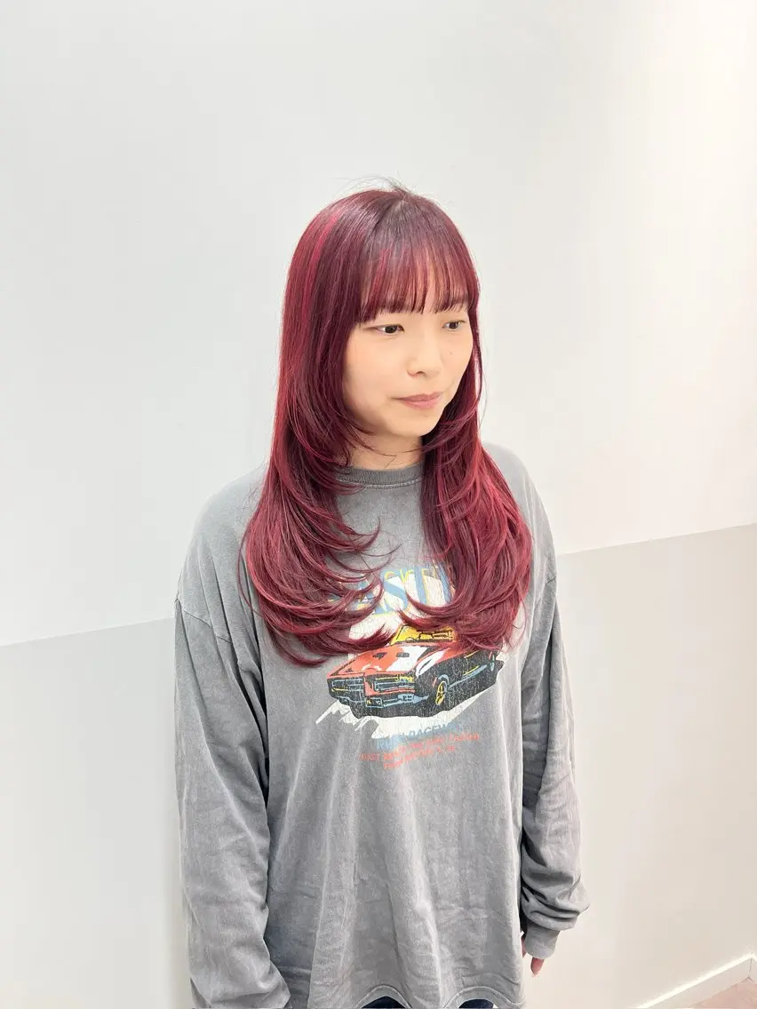 ロング カラー ヘアアレンジ レッドカラー レイヤーカット カット ヘアカラー 似合わせレイヤー/ 美髪縮毛矯正/ミナエのヘアスタイル