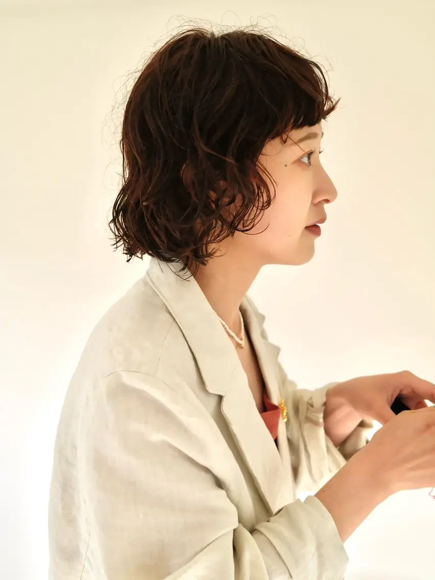 ミディアム カラー パーマ ミディアムパーマ ブラウンカラー オレンジ オレンジブラウン ボブ tetohair 森田浩平のヘアスタイル