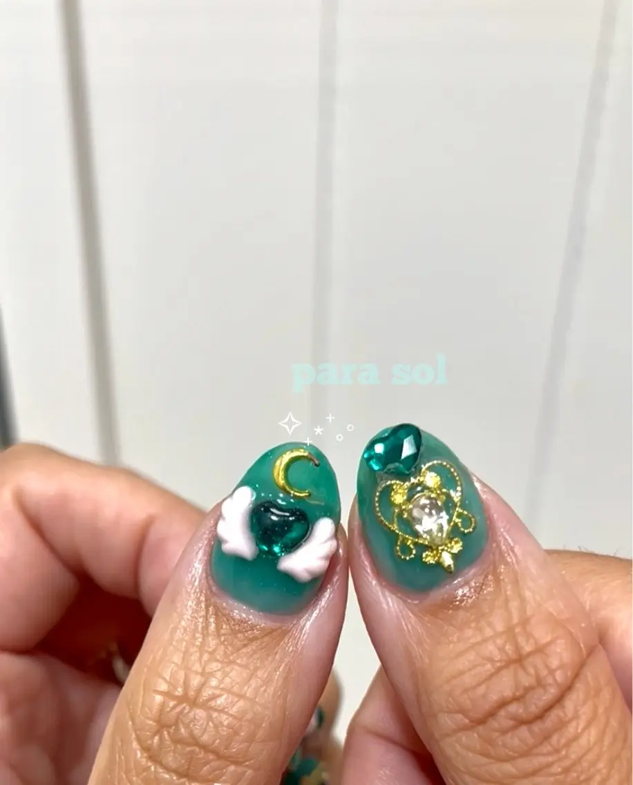 ネイル グリーン ハート ショートネイル ハンドネイル フットネイル Para Sol nail Maoのネイルデザイン