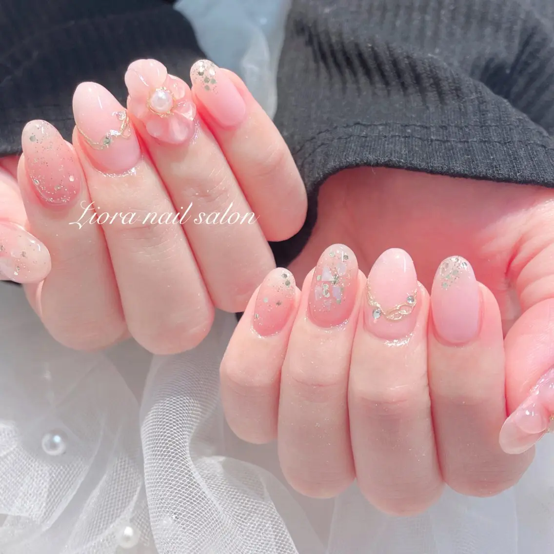 ネイル フレンチネイル ジェルネイル ガーリー グラデーション キラキラネイル ハンドネイル JUN Lioraネイルのネイルデザイン