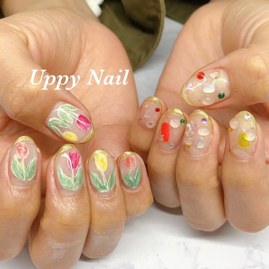 ネイル アートネイル キラキラネイル 持ち込み ぷっくりネイル 春ネイル ハンドネイル Uppy Nail ukyoのネイルデザイン