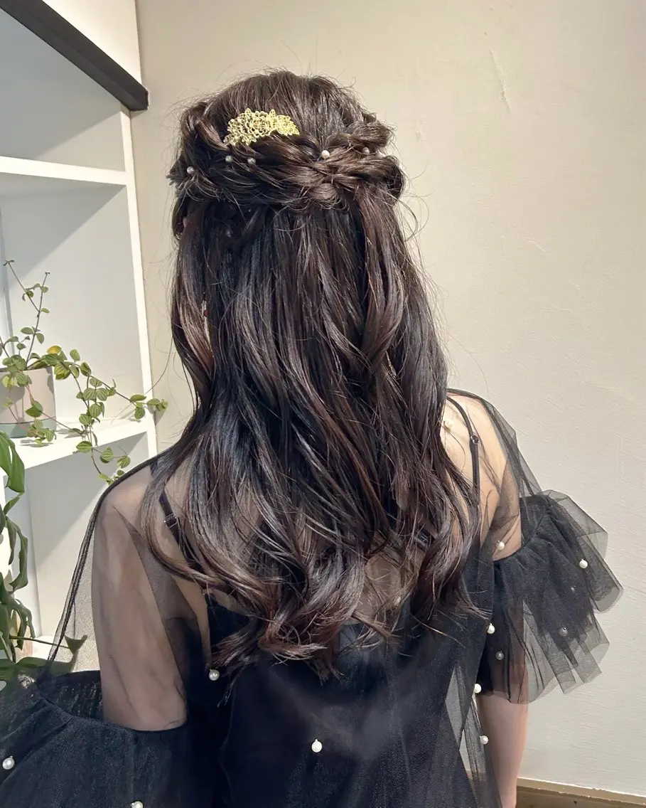 セミロング カラー ヘアアレンジ ハーフアップ ヘアセット アレンジ/新宿 透明感カラー/ヤノのヘアスタイル