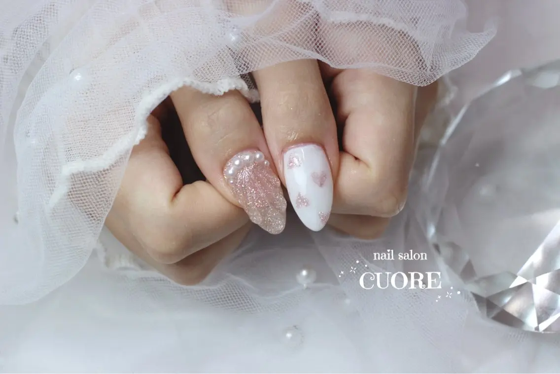 ネイル チークネイル フラッシュネイル ピンク リボン 夏ネイル ハンドネイル nail salon CUOREのネイルデザイン