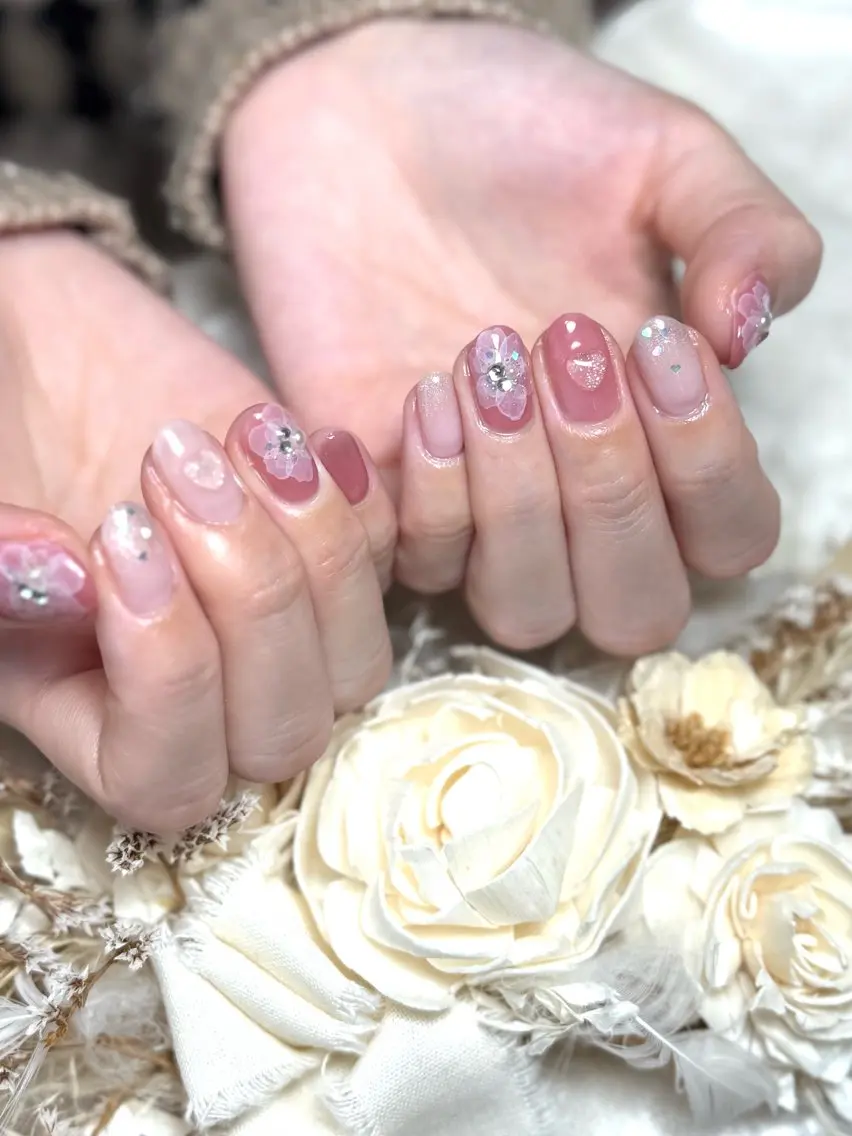 ネイル フラワーネイル ハート ハンドネイル Hana_ Rieのネイルデザイン
