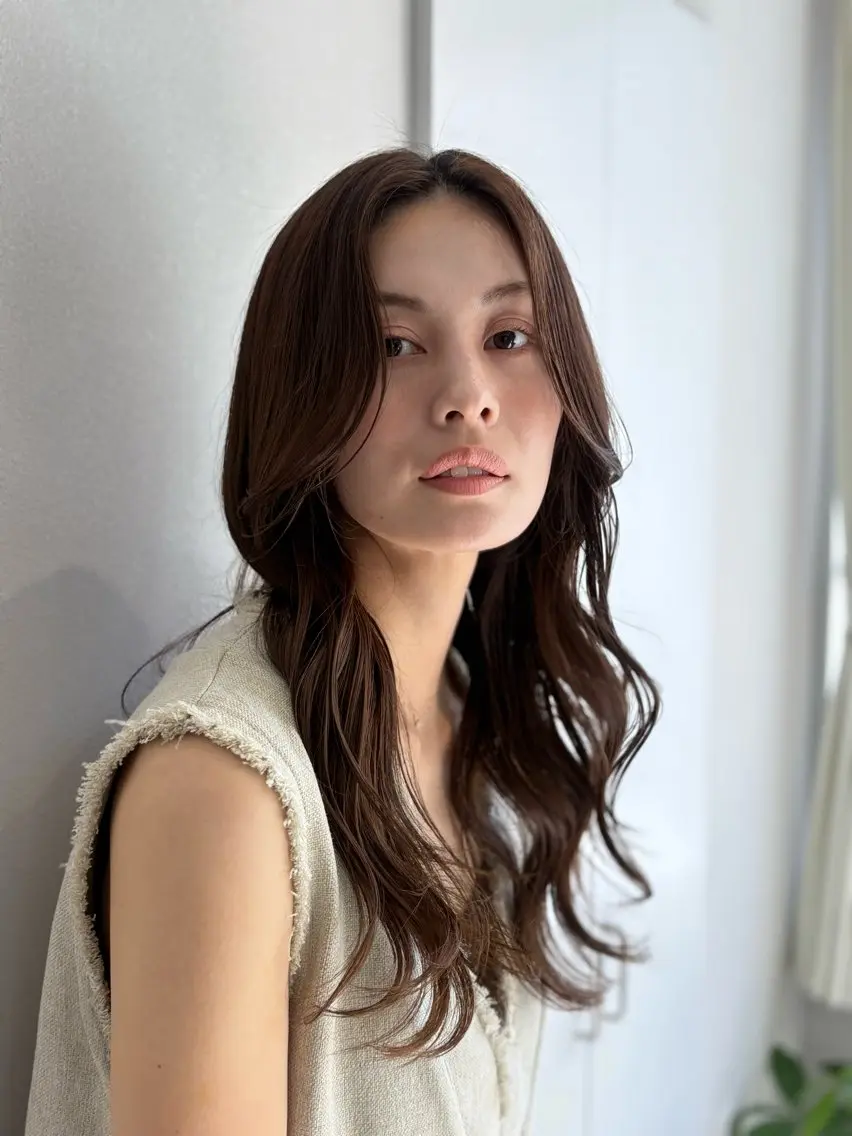 ロング ロングレイヤー かきあげバング レイヤーカット ロング ショート/レイヤー/ ボブ/安本和史のヘアスタイル