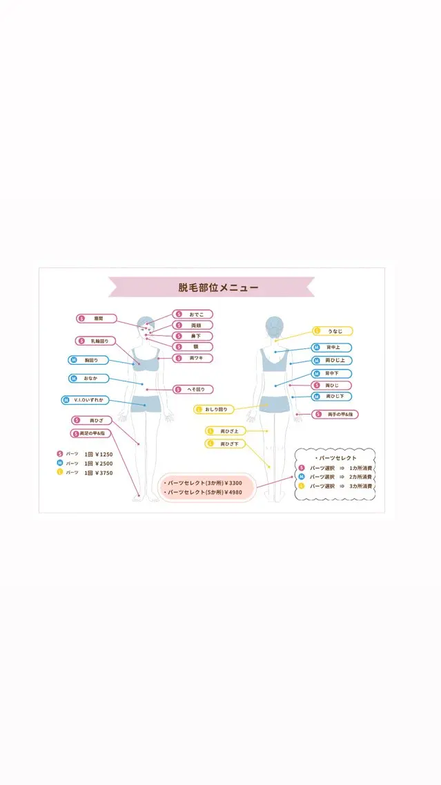 Ｌパーツ脱毛（お尻回り、うなじ、両膝上、両膝下から1箇所お選び下さい。）の写真