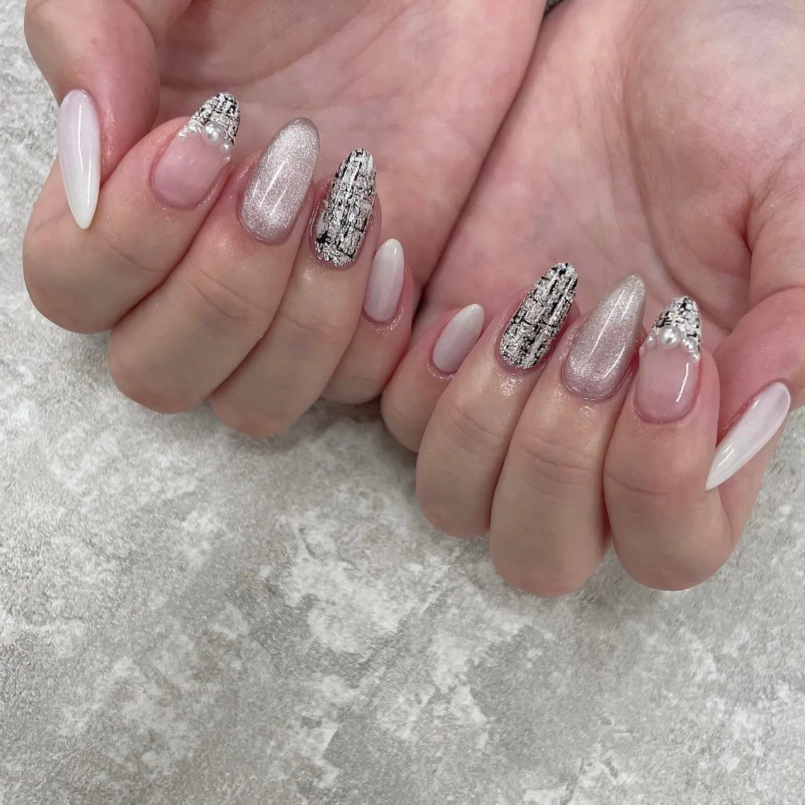 ネイル シンプルネイル ツイードネイル ハンドネイル _white 上本町店のネイルデザイン