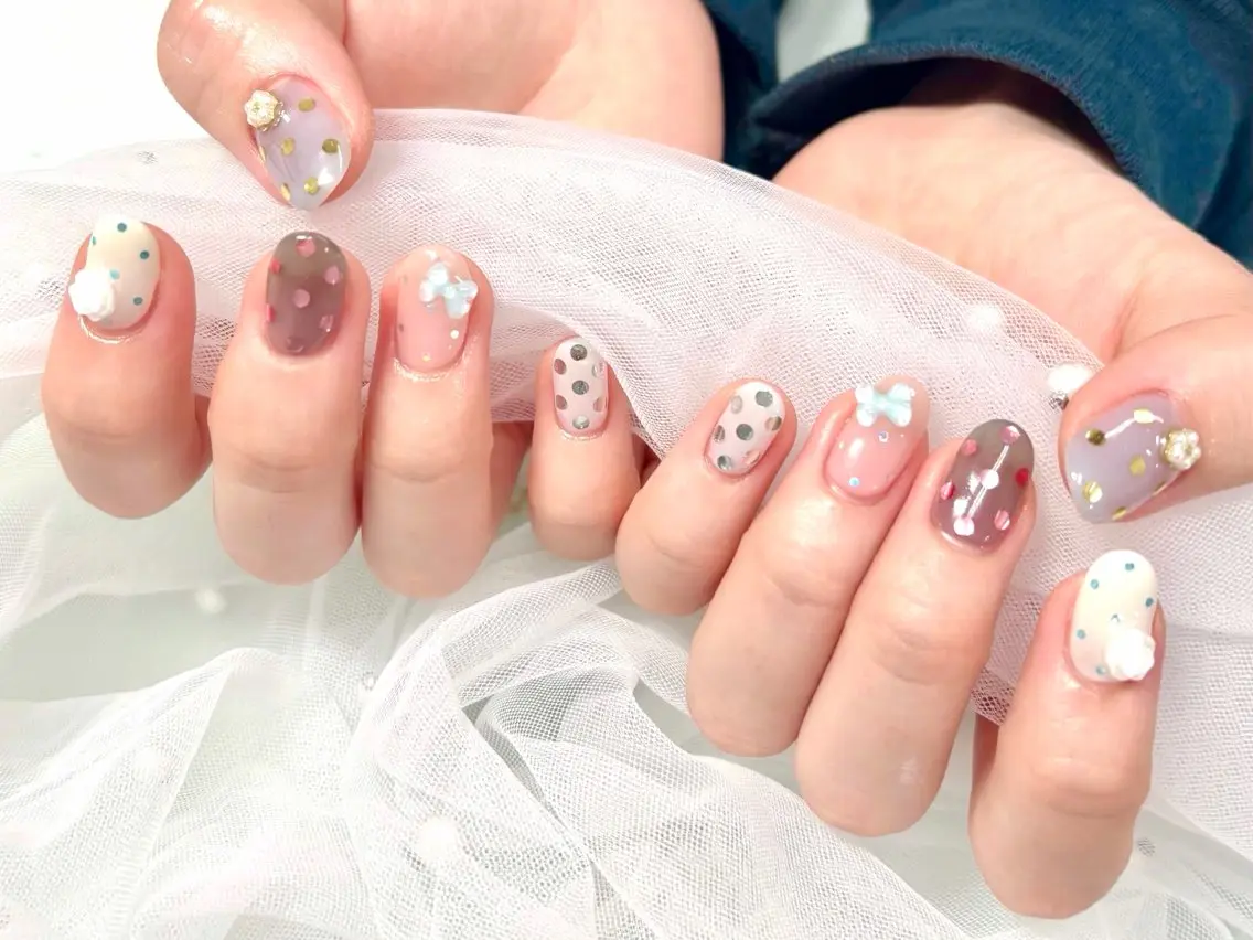 ネイル アートネイル ドット ジェルネイル ハート 韓国ネイル Nail Neige🐈🌙のネイルデザイン