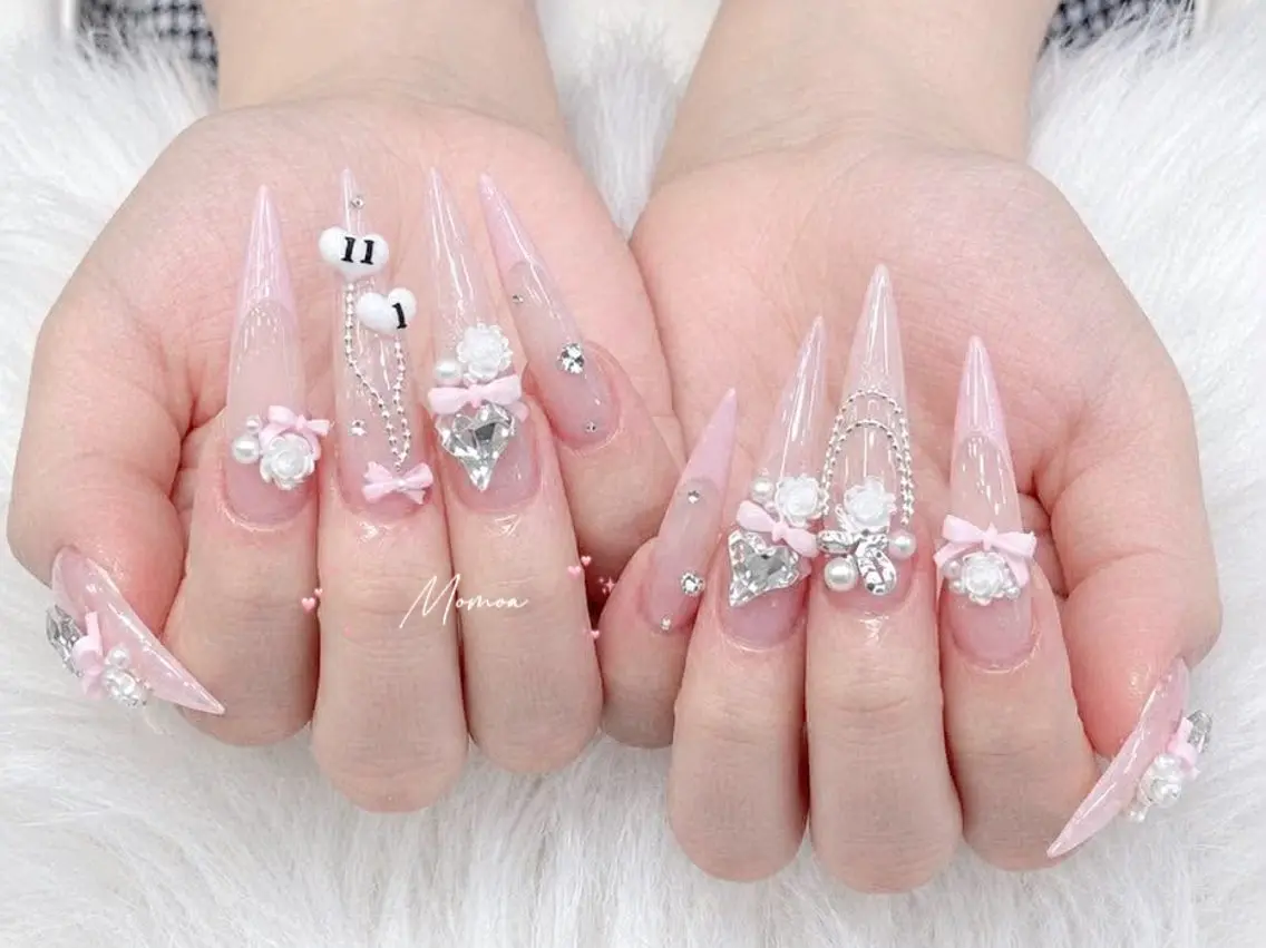 ネイル 成人式 大理石ネイル(マーブル) リボン 夏ネイル ネイルチップ ハンドネイル MoMoA Nail ネイル長さ出し専門店のネイルデザイン