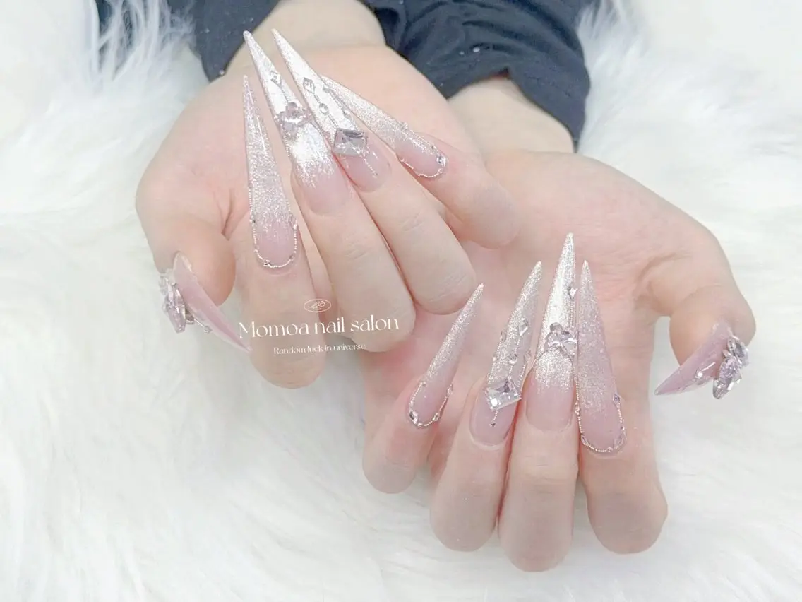 ネイル 成人式 大理石ネイル(マーブル) リボン 夏ネイル ネイルチップ ハンドネイル MoMoA Nail ネイル長さ出し専門店のネイルデザイン
