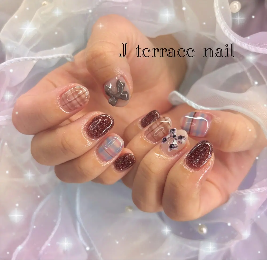 ネイル ハート 持ち込み リボン ストーンネイル J terrace Nailのネイルデザイン