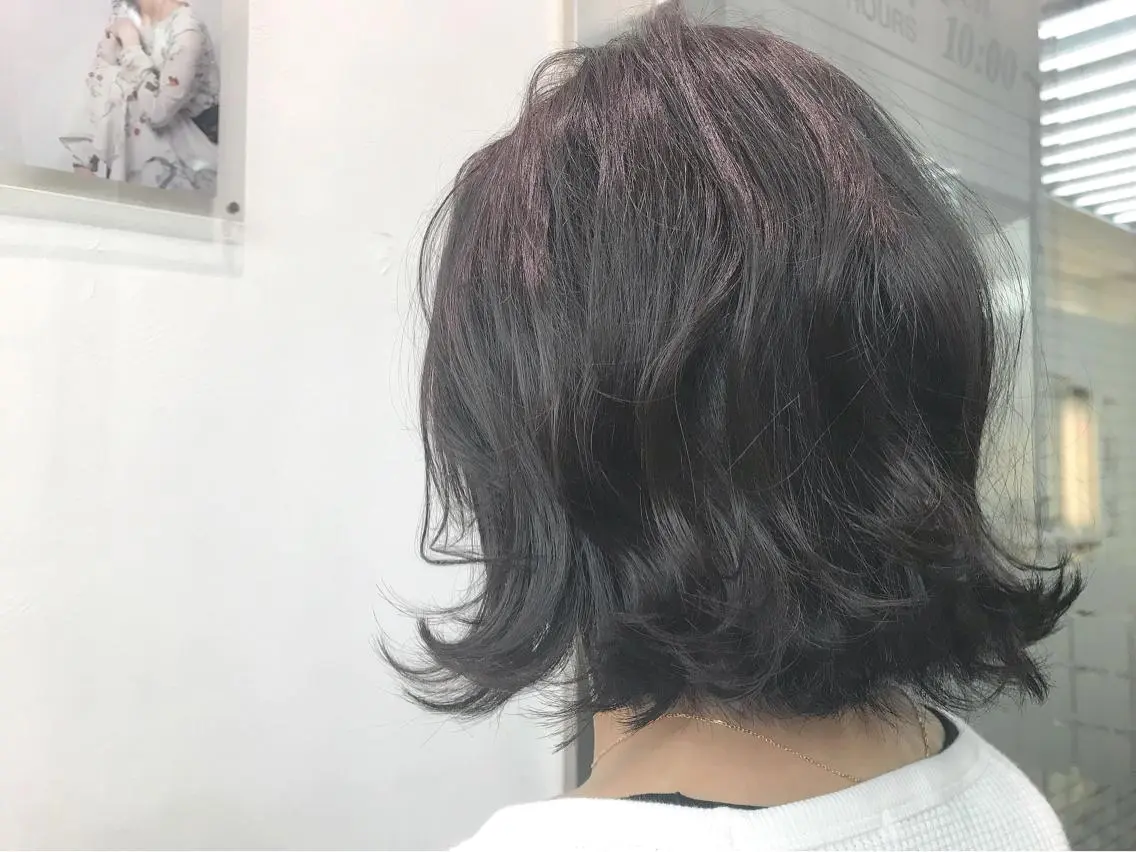ミディアム カラー ヘアアレンジ 切りっぱなしボブ アッシュ ボブ 外ハネヘア 店長福島成美/髪質 改善縮毛矯正/カラーのヘアスタイル