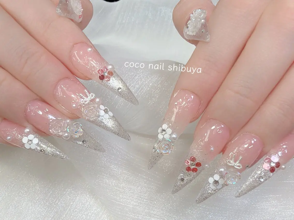 ネイル 成人式 大理石ネイル(マーブル) リボン 夏ネイル ネイルチップ ハンドネイル CoCo Nail 長さ出し専門店のネイルデザイン