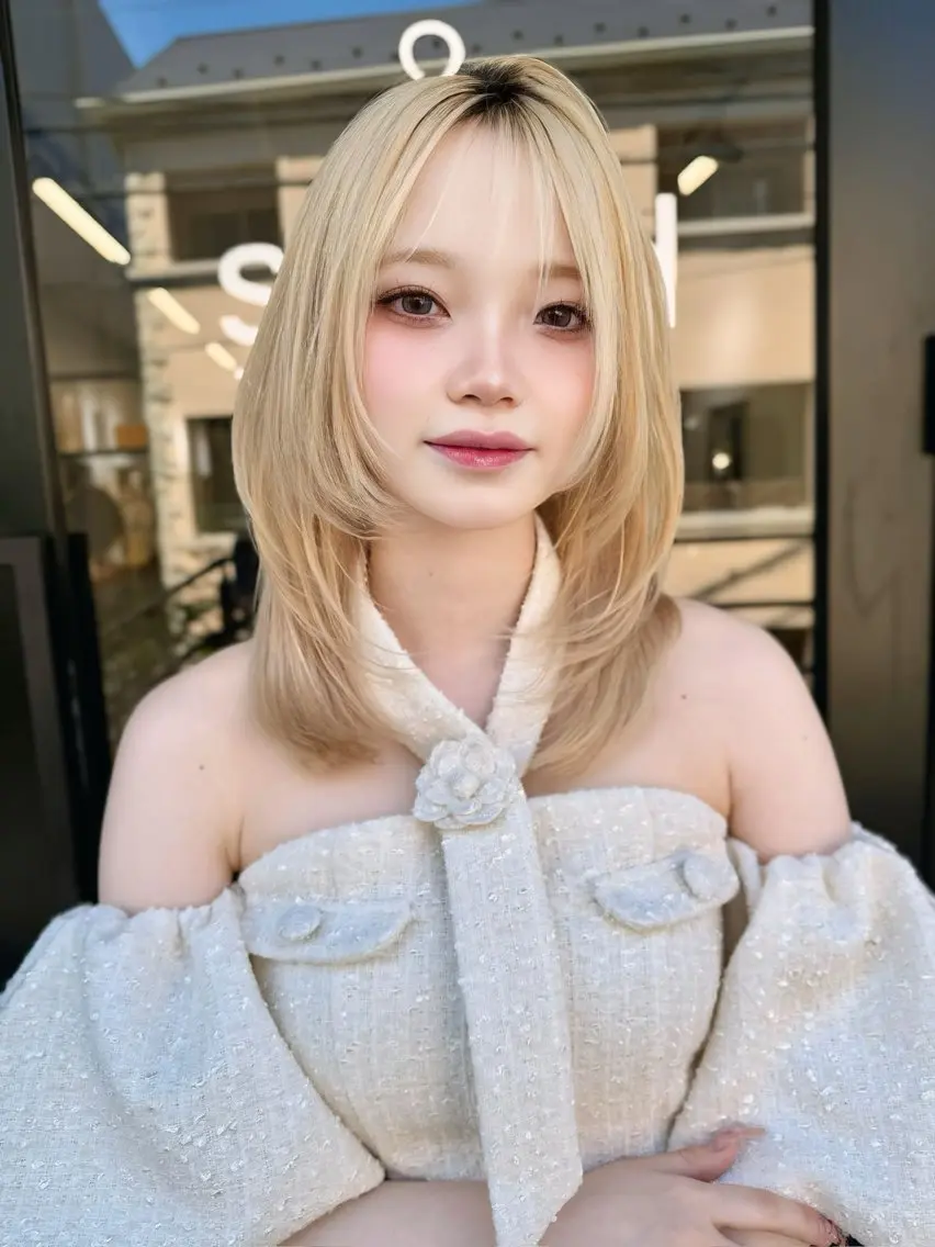ミディアム カラー 抜きっぱなしブロンド ブロンド 顔まわりレイヤー 韓国風ヘア レイヤーカット カット ヘアカラー トリートメント レイヤー/ブリーチ/ 新宿/福元実希のヘアスタイル
