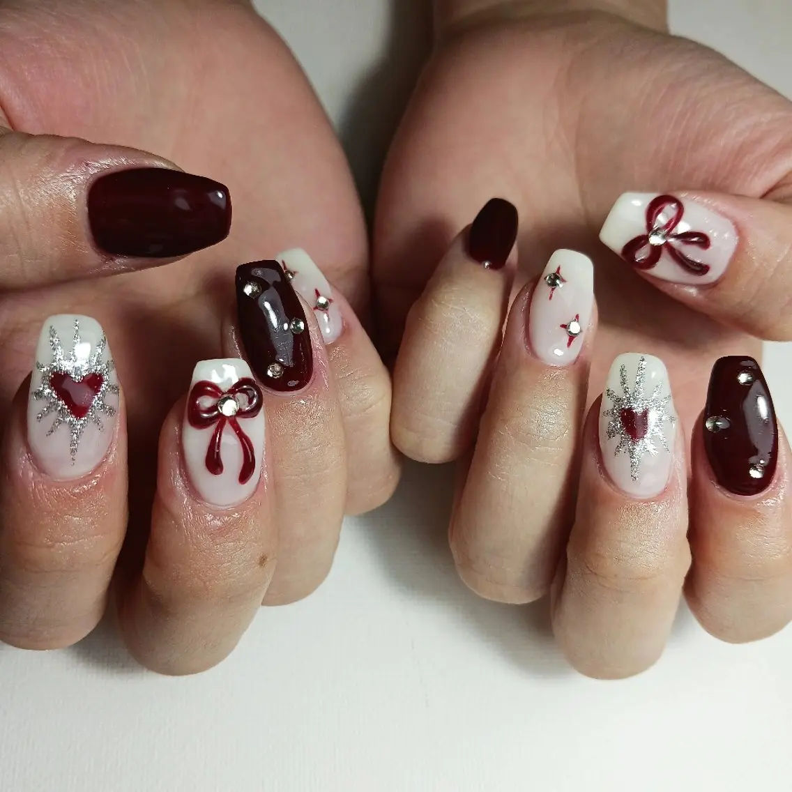 ネイル ボルドー ジェルネイル ハート 持ち込み リボン ハンドネイル owlnail /持込みデザイン専門のネイルデザイン