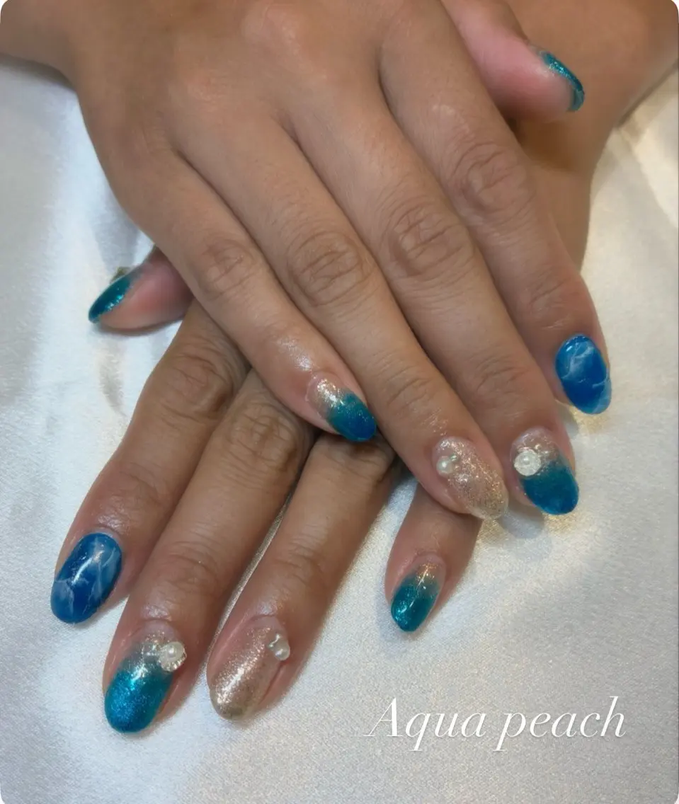 ネイル ハンドネイル Aqua peachのネイルデザイン