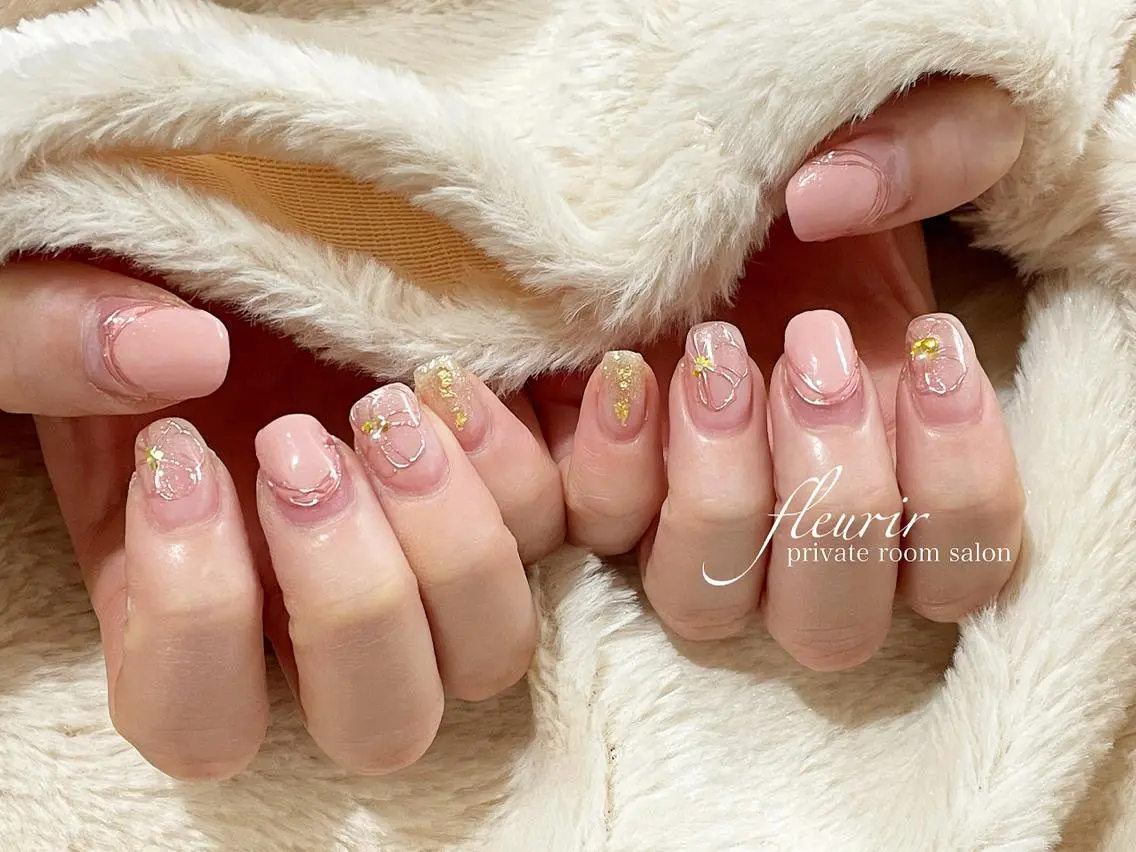 ネイル アートネイル 桜ネイル フレンチネイル ミラーネイル 春ネイル フルリール 【プライベートサロンのネイルデザイン