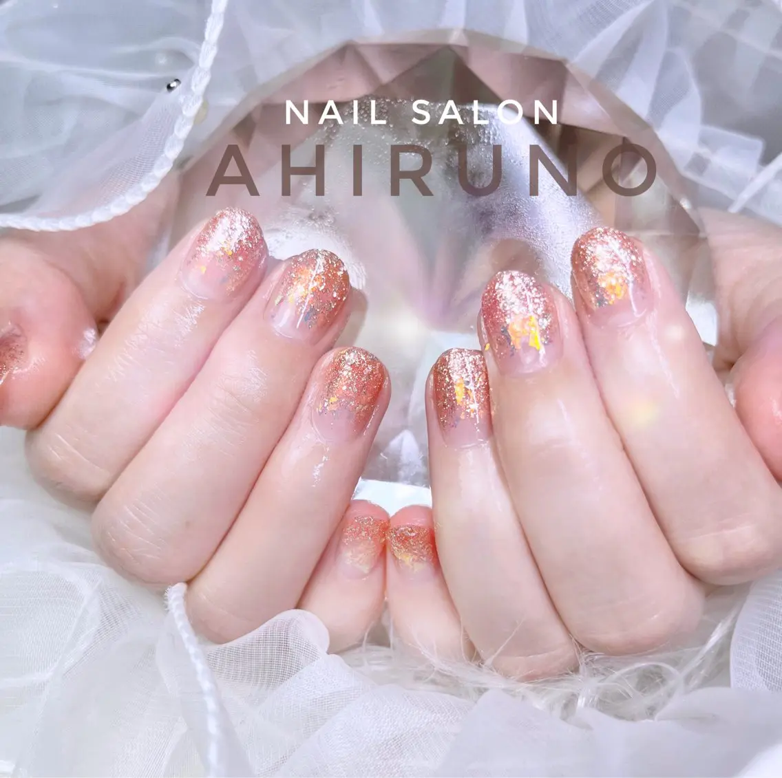 ネイル グラデーション ラメ(グリッター) ラメグラデーション オレンジ ピンク ハンドネイル 東京あきる野市ネイル ✿ yuiのネイルデザイン