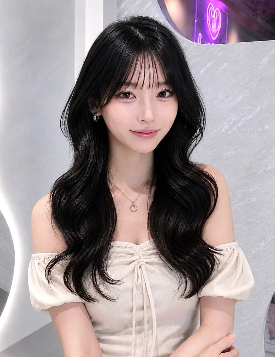 セミロング カラー ヘアアレンジ 黒髪 ブルーカラー ブルーブラック 透明感カラー グレージュ ヘアカラー 🖤kana韓国ヘア 艶髪カラー特化🖤のヘアスタイル