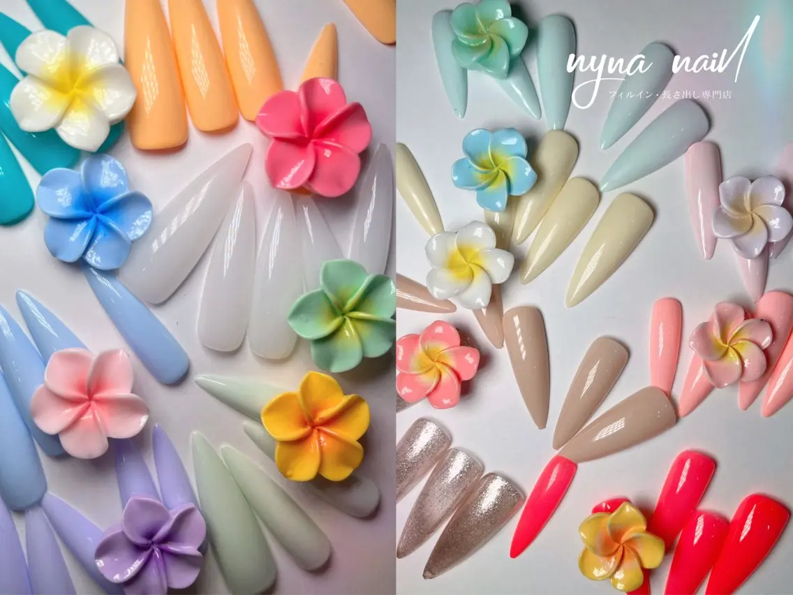 【オフあり】(オフ別途)⚠️ 【🌺ロングチップ長さだし🩵・定額】期間限定 ワンカラー×プルメリア🌺(片手1つずつ)の写真