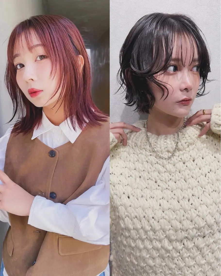 ミディアム カラー ダブルカラー 顔まわりレイヤー レイヤーカット カット ヘアカラー トリートメント AiM 大名　似合わせカットのヘアスタイル