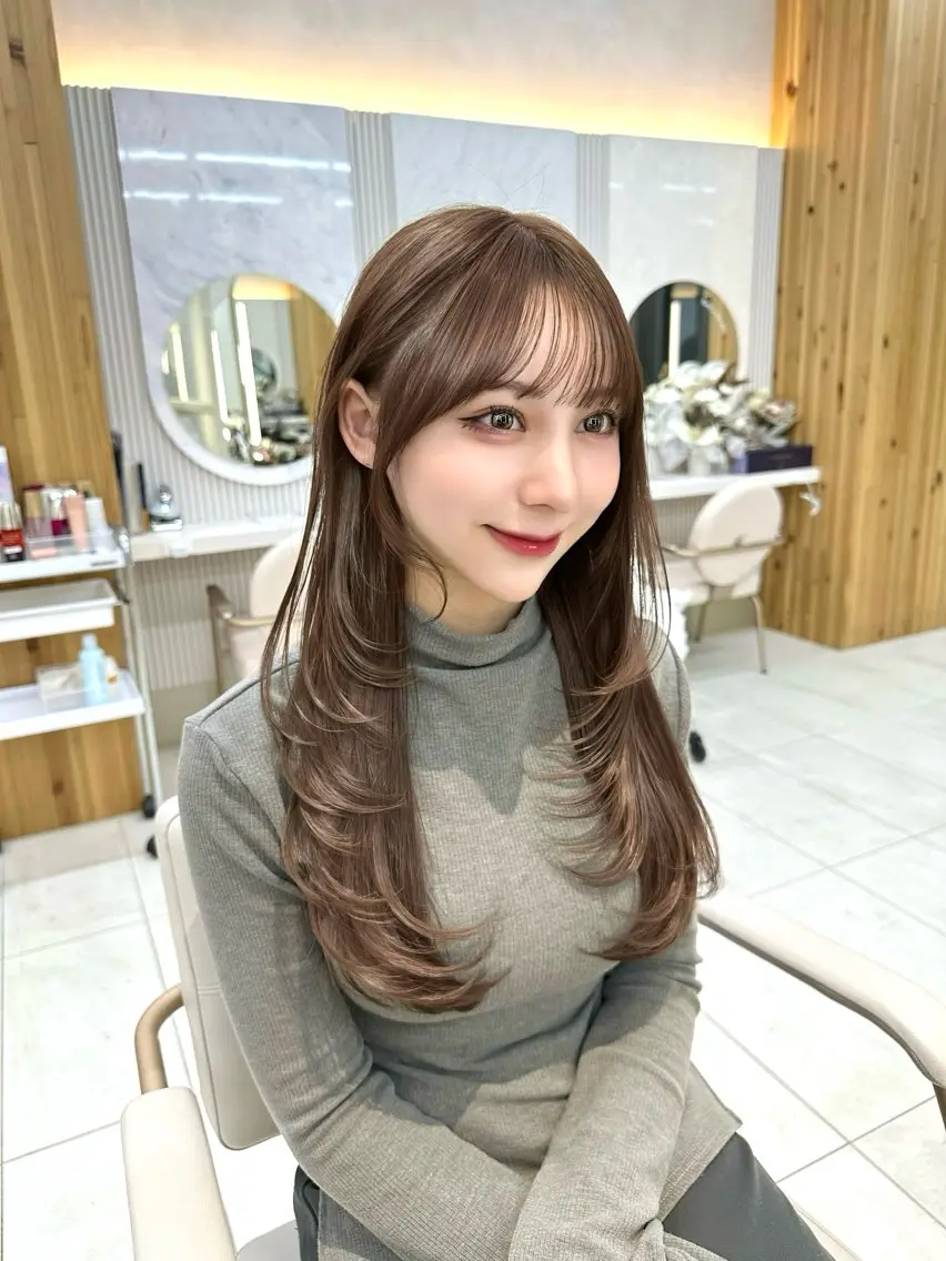 ロング カラー ベージュカラー くびれヘア 韓国風ヘア レイヤーカット シースルーバング 🇰🇷韓国風くびれ ヘア🇰🇷中村優大のヘアスタイル