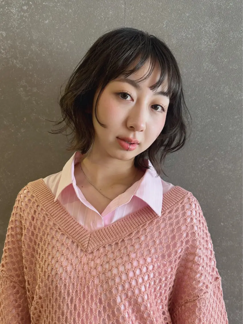 ミディアム ミディアムパーマ ボブ ハイライト 髪質改善 レイヤーカット ✂︎岡根 京花✂︎のヘアスタイル