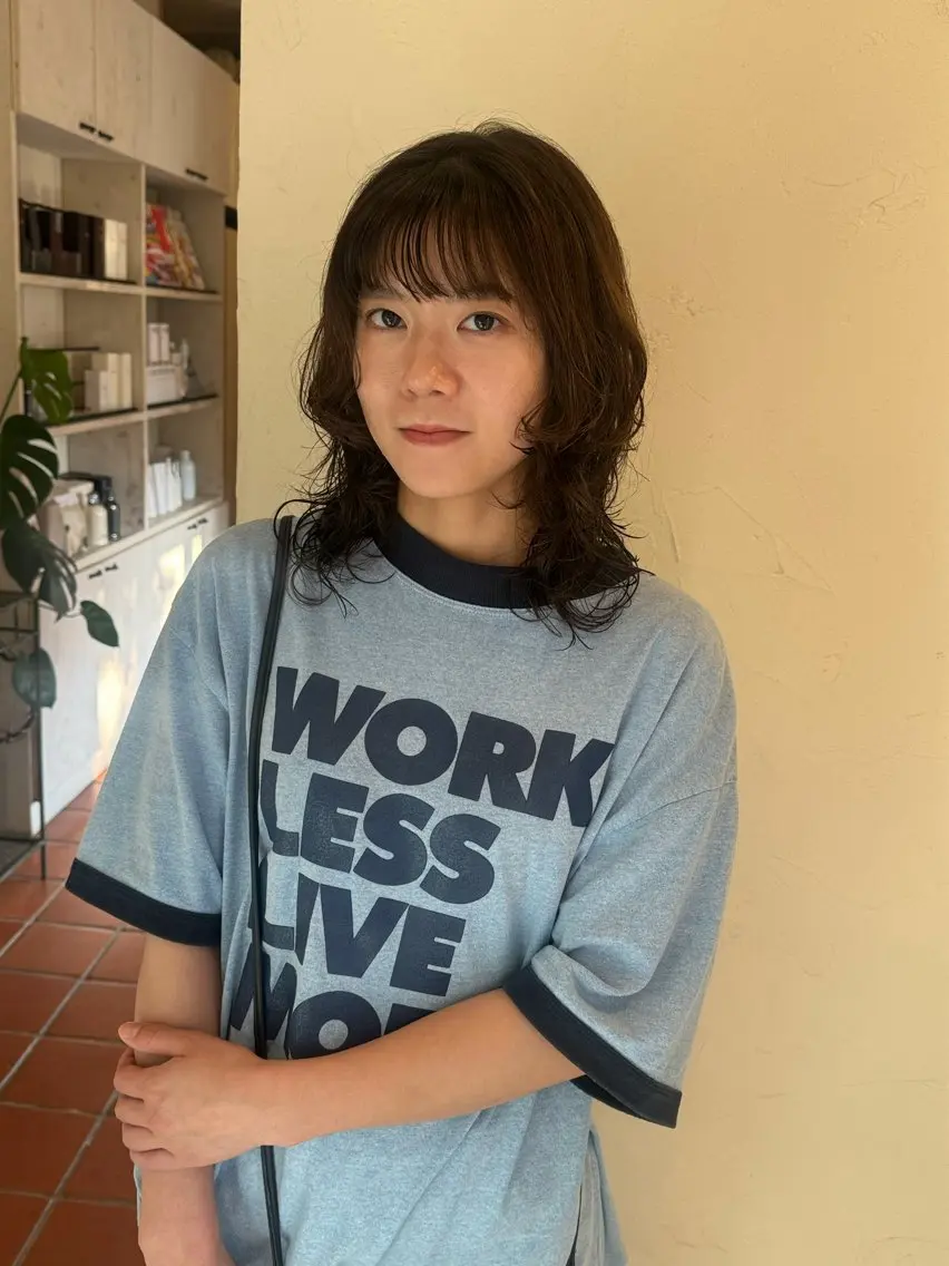 セミロング パーマ セミロングパーマ レイヤーカット ニュアンスパーマ カット パーマ kako /オリーブベージュのヘアスタイル