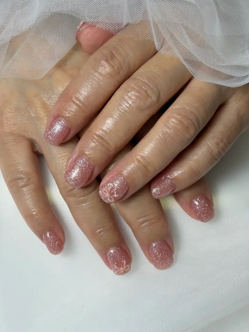 ネイル フラッシュネイル キラキラネイル ラメ(グリッター) ピンク リボン ハンドネイル iro+ nailのネイルデザイン