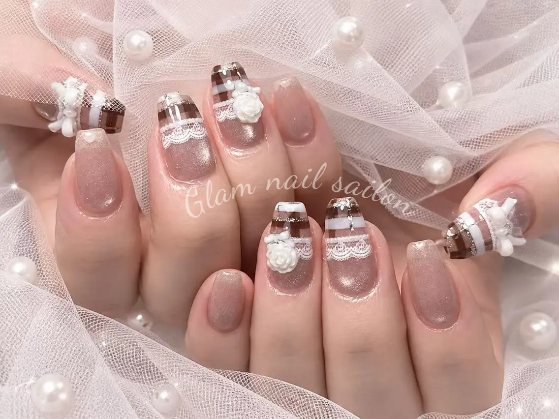 ネイル ハンドネイル エツメ💅 長さ出し🎀デザインのネイルデザイン