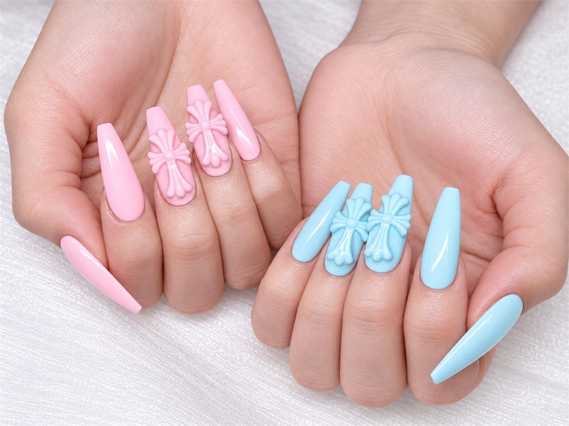 ネイル 水色 ロングネイル ピンク リボン NAILS 168のネイルデザイン