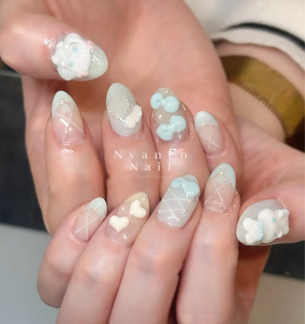 ネイル フレンチネイル ジェルネイル ハート 水色 リボン Nyanco Nailのネイルデザイン