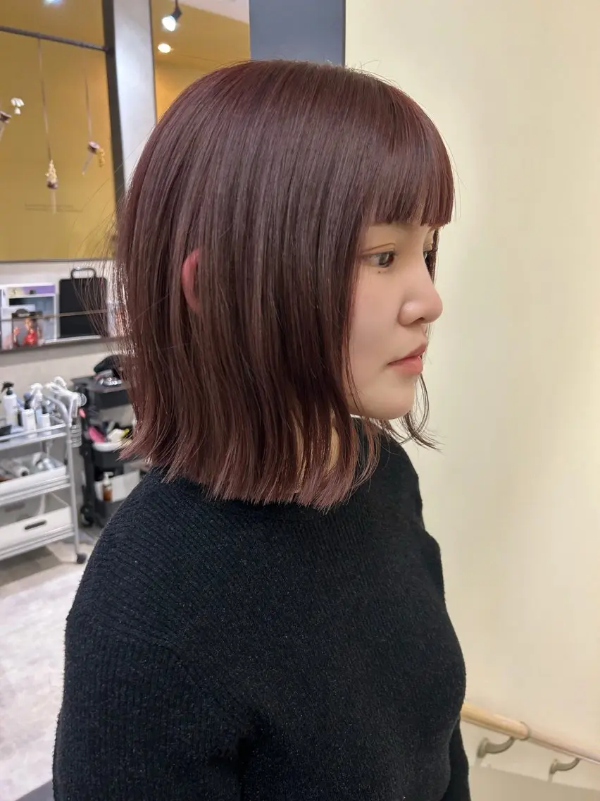 ミディアム カラー ブリーチ ブラウンカラー ブリーチなしカラー ピンクカラー ピンクブラウン hubhair レイヤー/透明感のヘアスタイル
