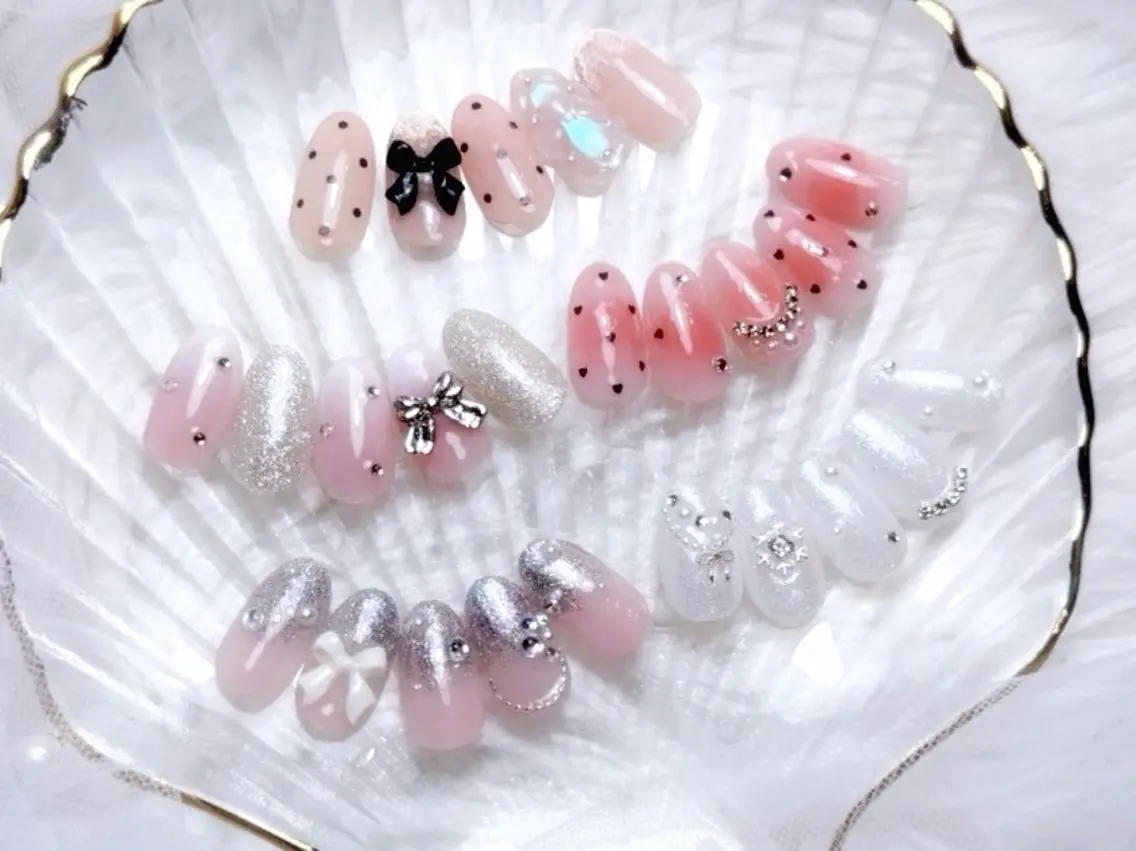 ネイル ガーリー ハート ピンク リボン ホワイト nailsalon Questのネイルデザイン