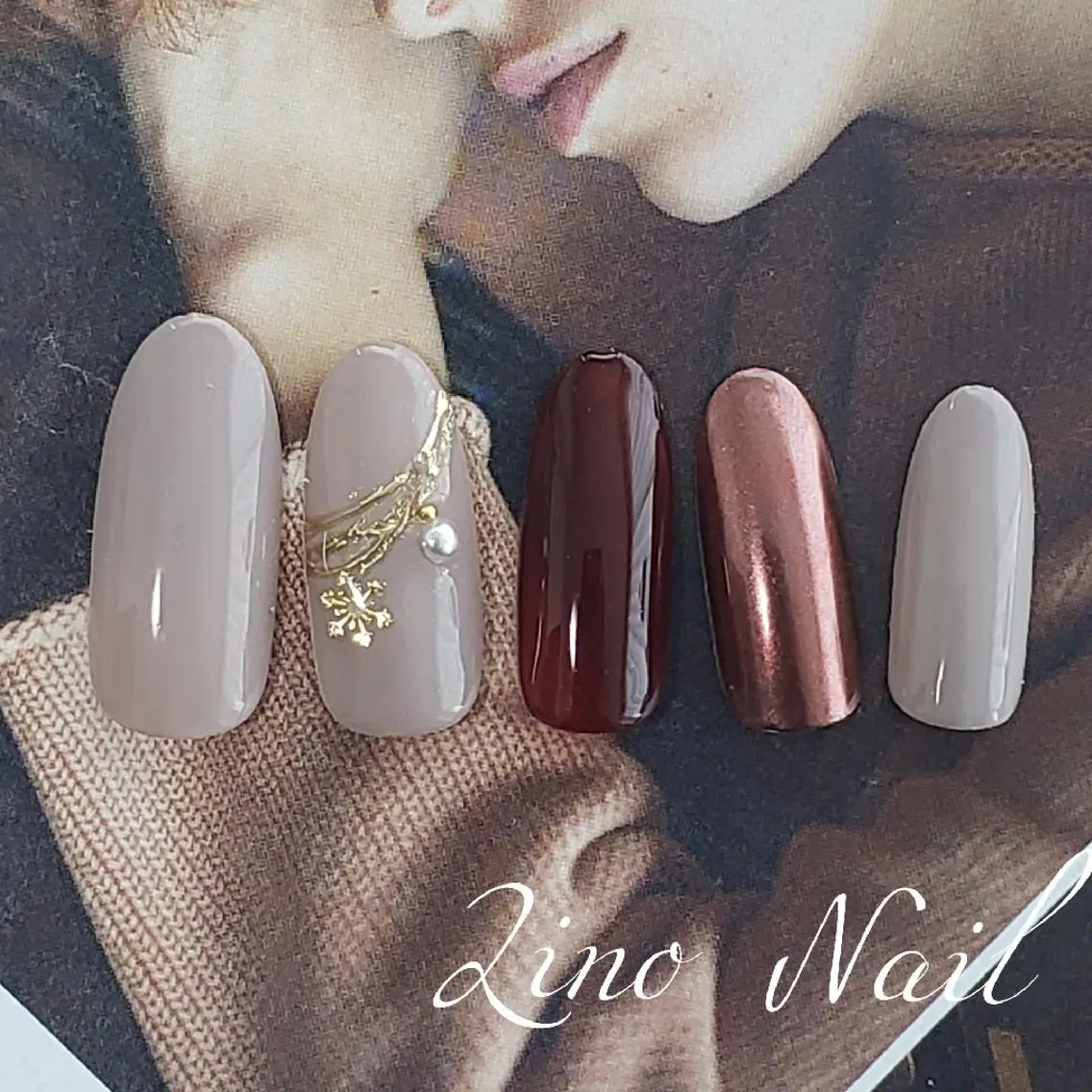 ネイル ボルドー カジュアル ジェルネイル ミラーネイル ニュアンスネイル ハンドネイル Lino Nailのネイルデザイン