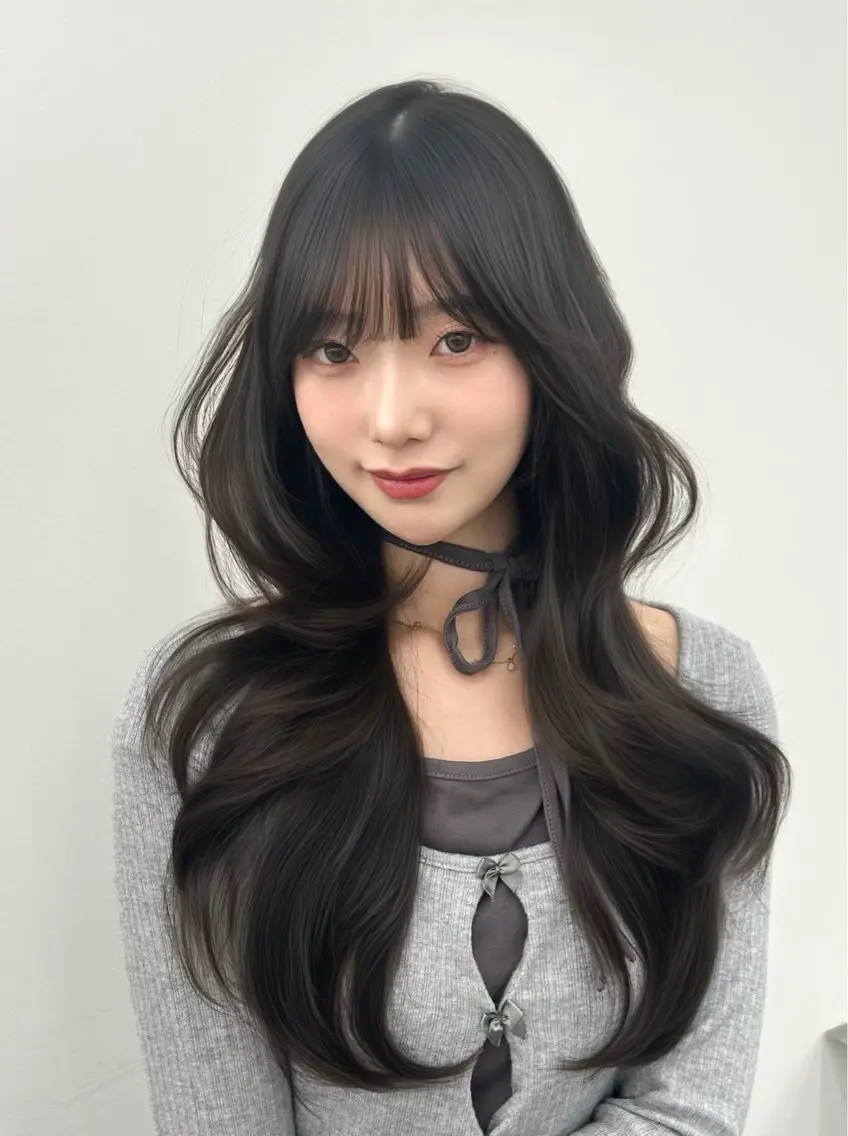 ロング カラー グレージュ 韓国風ヘア レイヤーカット カット ヘアカラー トリートメント 韓国ヘア/顔周り ヘアセット/加藤優里のヘアスタイル