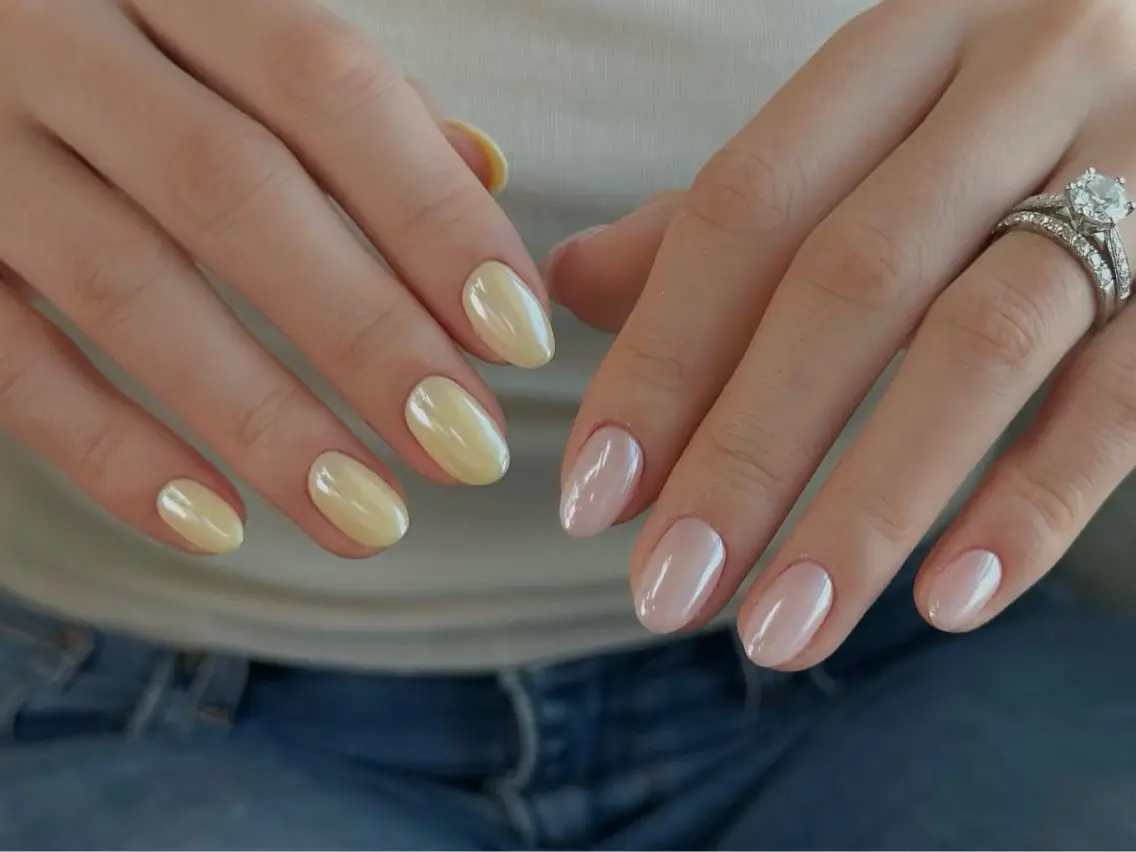 ネイル オーロラネイル 長さ出し フレンチネイル ジェルネイル ガラスフレンチ ハンドネイル Rela・S NAILのネイルデザイン
