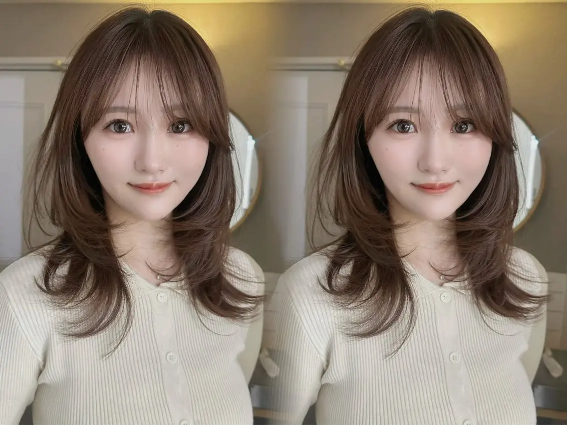 ミディアム くびれヘア 顔まわりレイヤー 韓国風ヘア レイヤーカット 小顔カット カット ヘアカラー MOE レイヤー/新宿三丁目のヘアスタイル