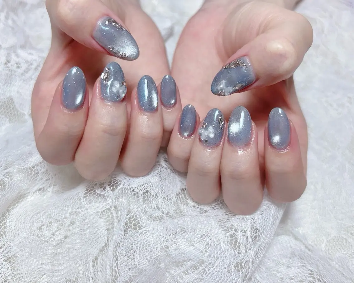 ネイル ブルー マグネットネイル ミラーネイル ハンドネイル FLARE NAIL フレアネイルのネイルデザイン