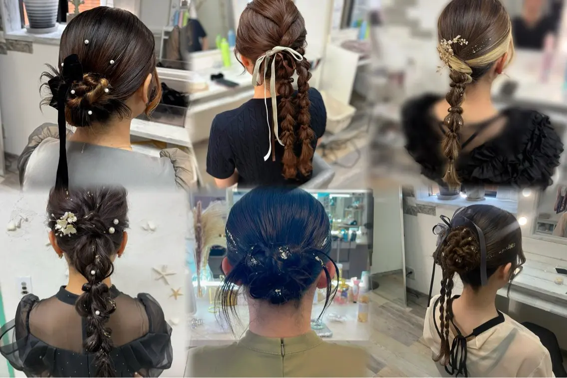 ヘアアクセ付き✨（パールピンor金箔or銀箔orラインストーンorラメスプレー）付きヘアセットの写真