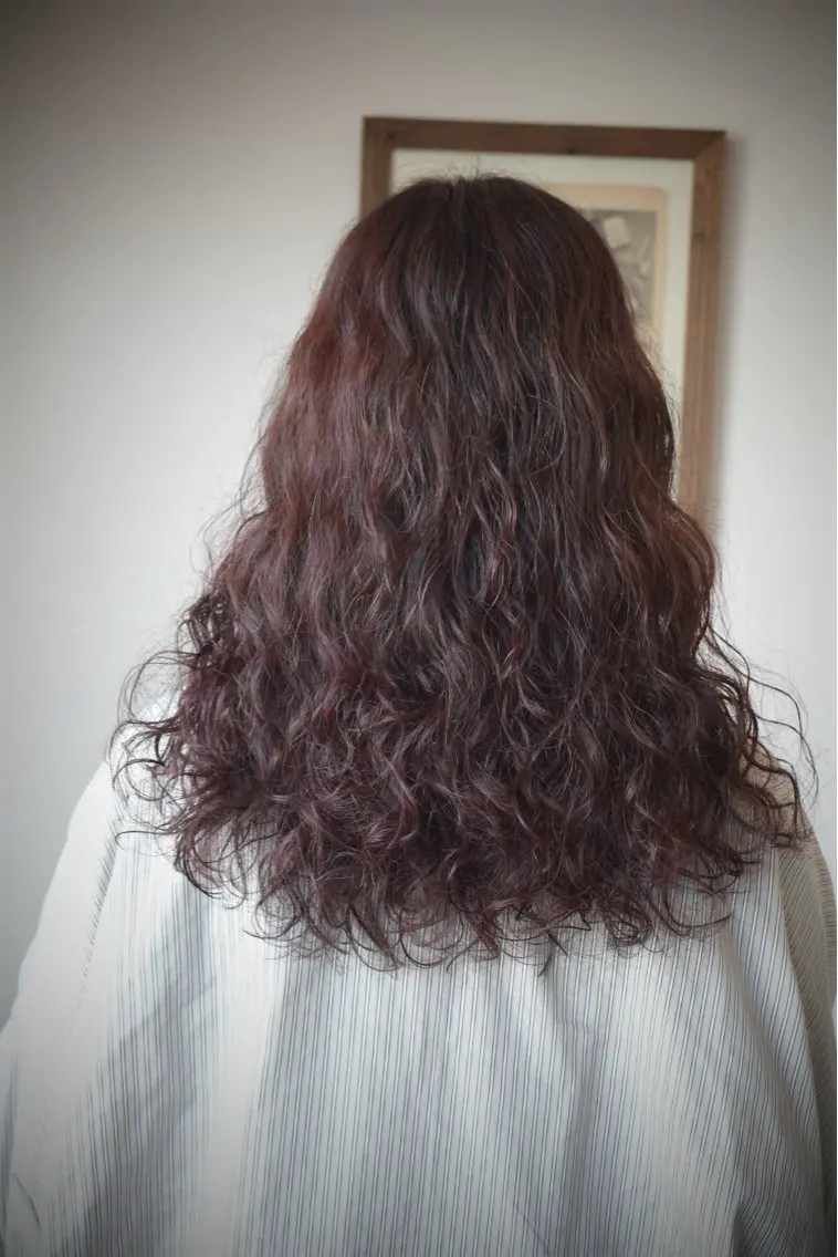 ロング カラー パーマ ブラウンカラー 透明感カラー レッドカラー レッドブラウン スパイラルパーマ 岩村 夏姫のヘアスタイル