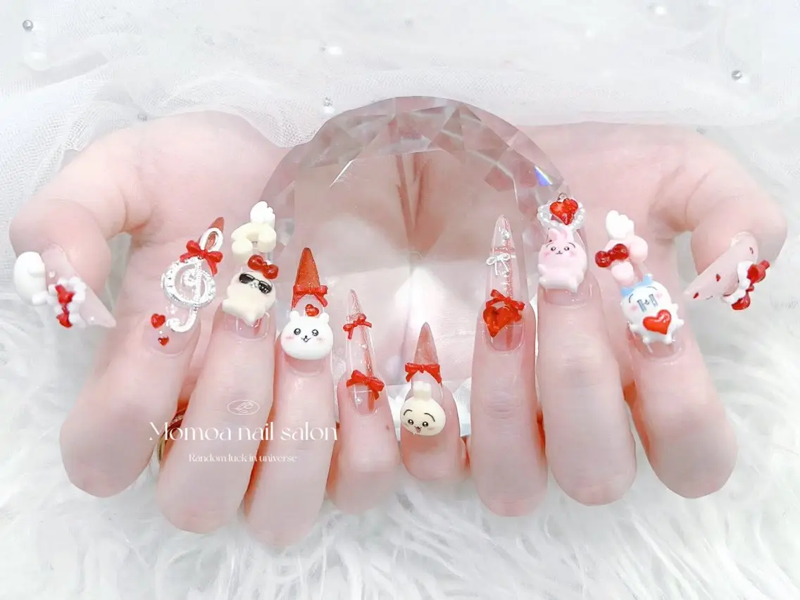 ネイル 成人式 大理石ネイル(マーブル) リボン 夏ネイル ネイルチップ ハンドネイル MoMoA Nail ネイル長さ出し専門店のネイルデザイン