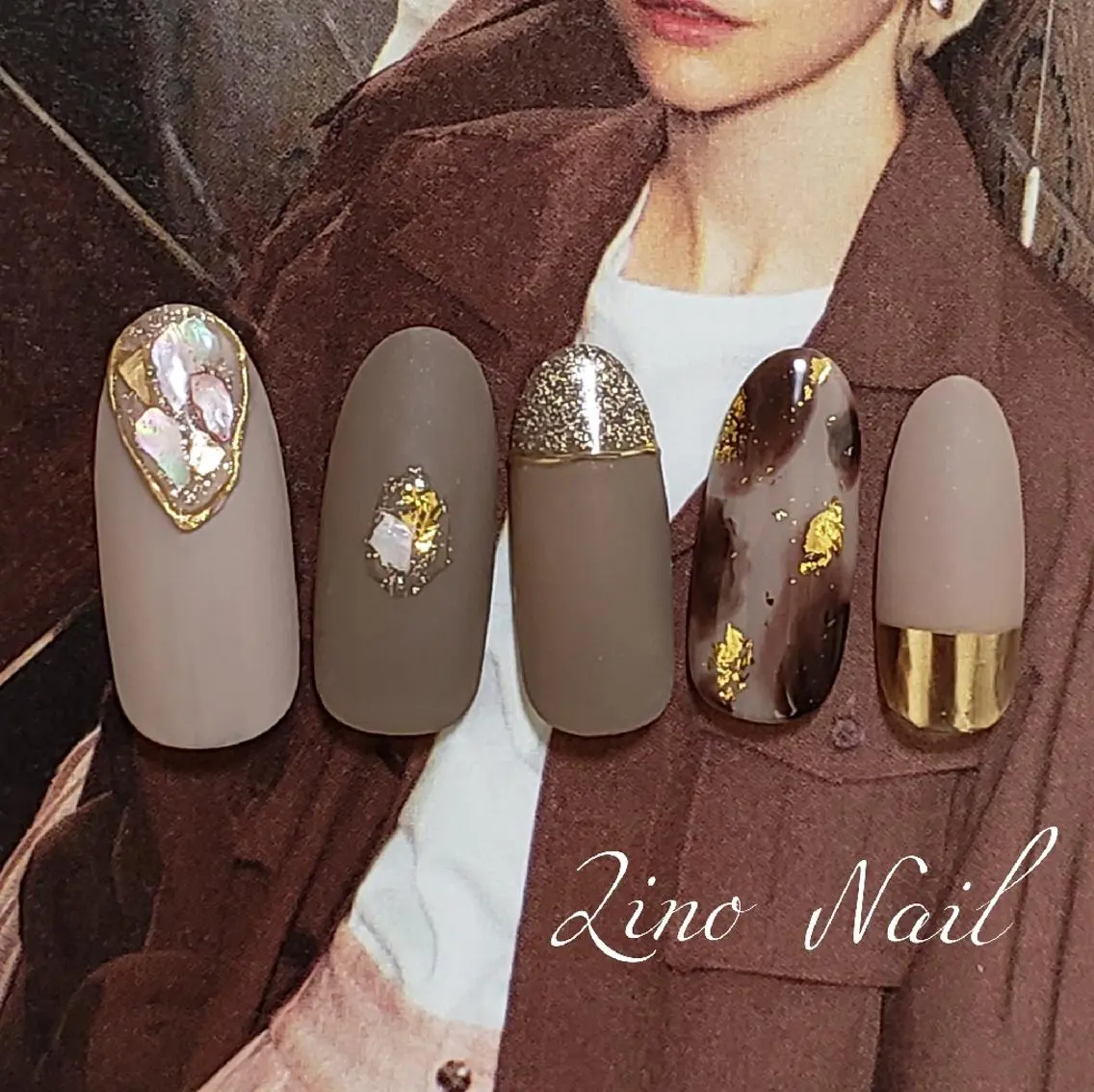 ネイル アニマル柄 ブラウン カジュアル ジェルネイル キラキラネイル Lino Nailのネイルデザイン