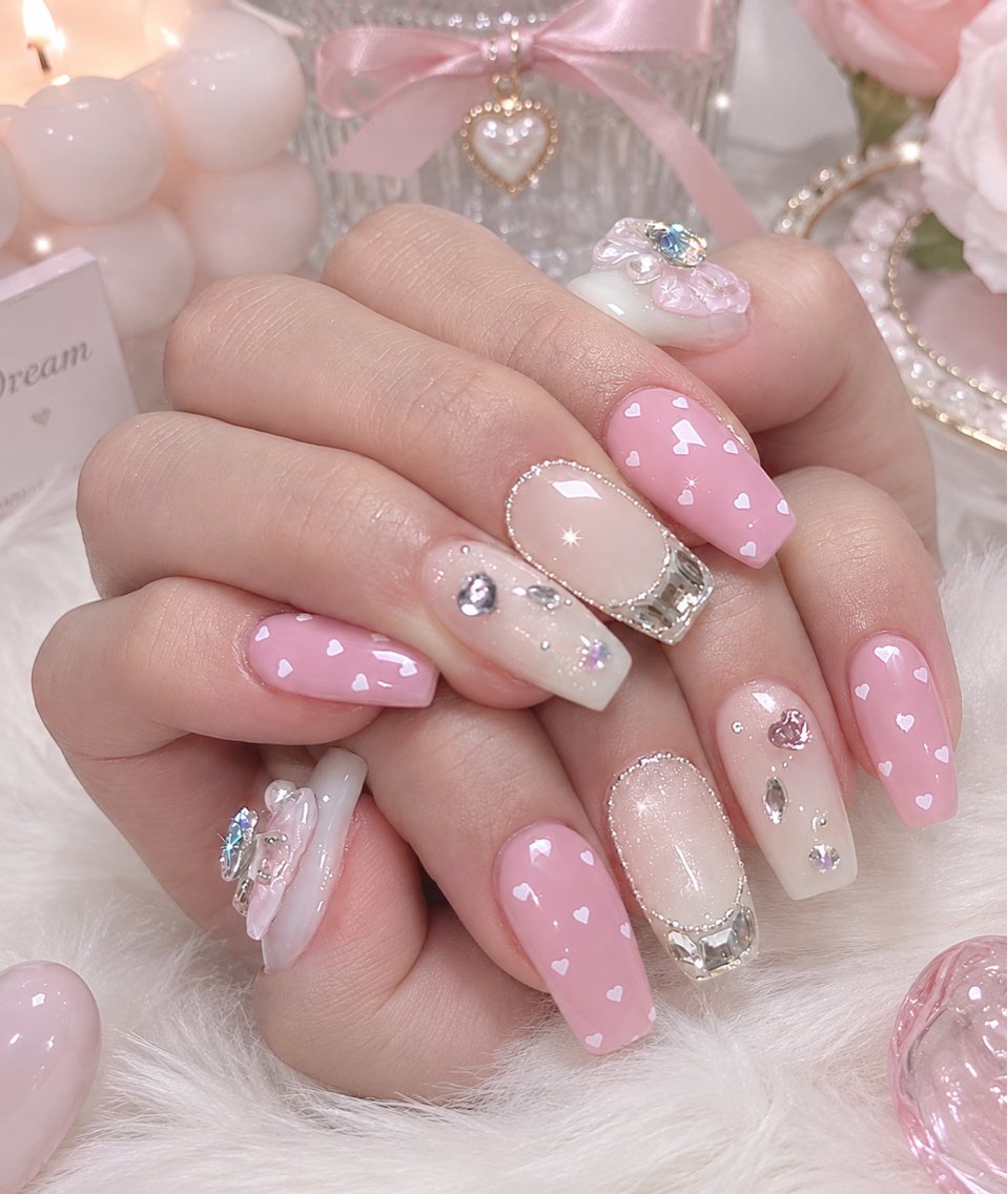 ネイル 長さ出し キラキラネイル 韓国ネイル ロングネイル マグネットネイル ハンドネイル MONE PINK  NAILのネイルデザイン