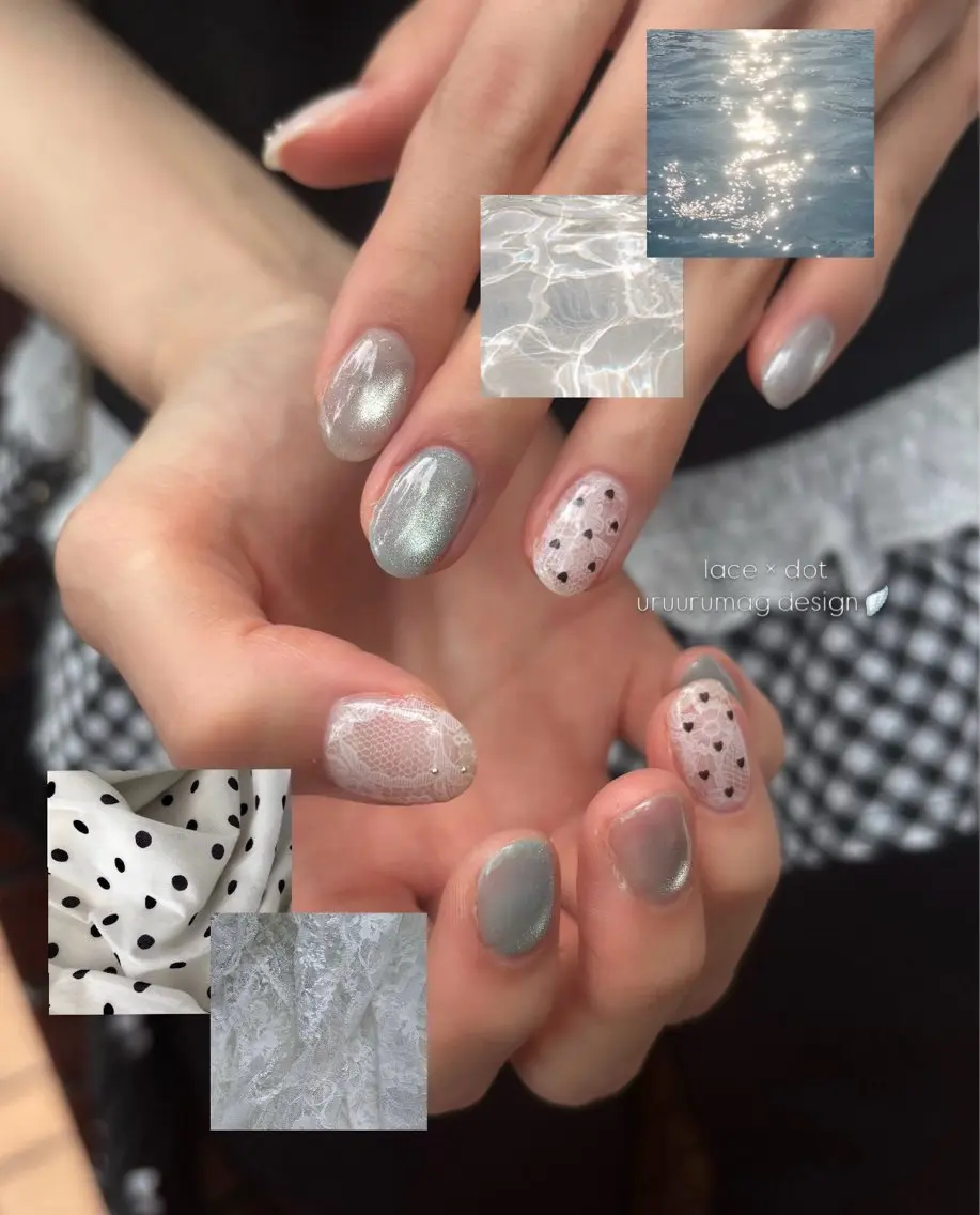 ネイル ドット レース 水色 ハンドネイル PLATINUM DOLL arisaのマツエク・マツパデザイン