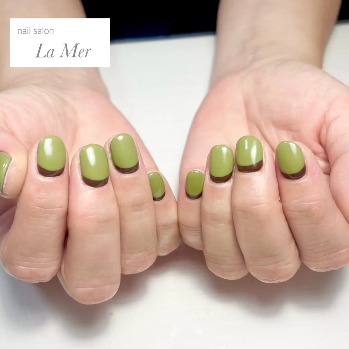 ネイル ブラウン カジュアル フレンチネイル グリーン 持ち込み ハンドネイル nailsalon La Merのネイルデザイン
