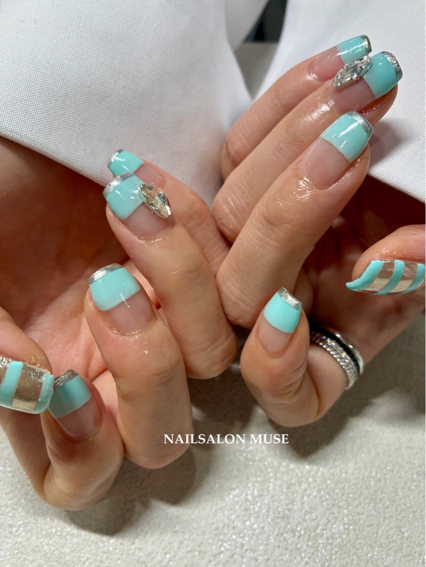 ネイル ブルー フレンチネイル ジェルネイル マグネットネイル ミラーネイル Nail Salon MUSE Aiのネイルデザイン