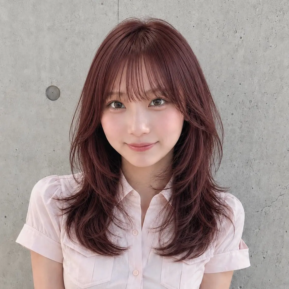 セミロング カラー ブラウンカラー レッドカラー 顔まわりレイヤー 韓国風ヘア レイヤーカット カット ヘアカラー トリートメント 盛れる顔まわりカット 髪質改善/渋谷/れんのヘアスタイル